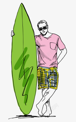 冲浪板与男士个性手绘插画素材