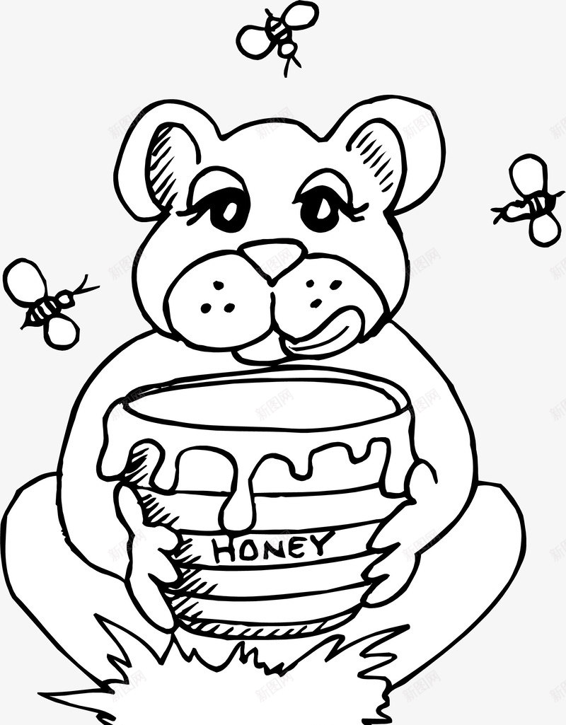 卡通小熊吃蜂蜜线图png免抠素材_新图网 https://ixintu.com 儿童画画 儿童绘本 动物插画 卡通动物漫画 小熊线图 插画 蜜蜂线图