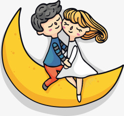 手绘卡通插画坐在月亮上的情侣相素材