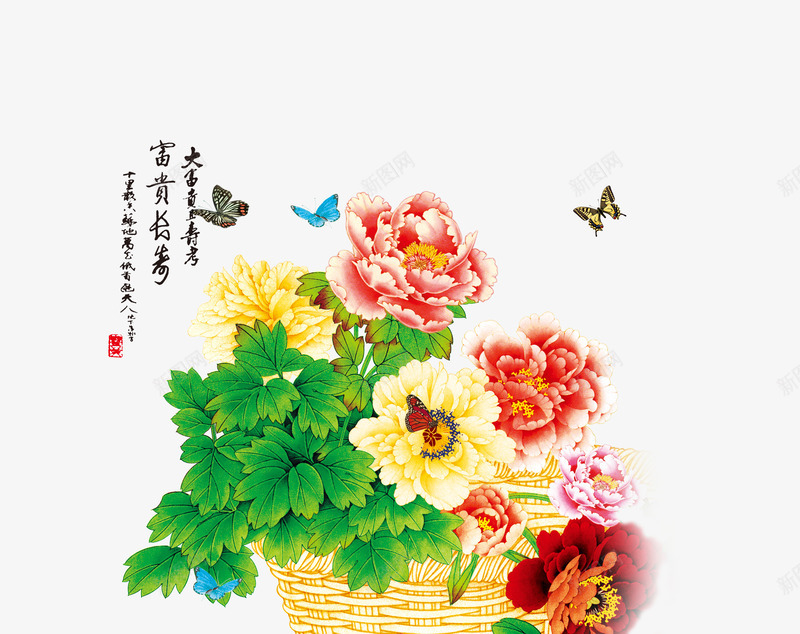 花朵篮子psd免抠素材_新图网 https://ixintu.com 免扣花朵篮子 牡丹花 礼篮 红色的花朵 绿色的叶子 飞翔的花朵