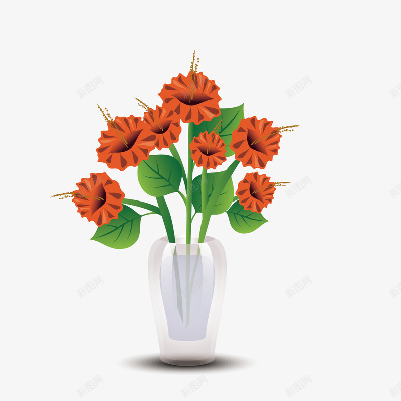 卡通手绘一盆美丽的花png免抠素材_新图网 https://ixintu.com 动漫动画 卡通手绘 橙色的 白色的花瓶 绿色的花叶 美丽的花