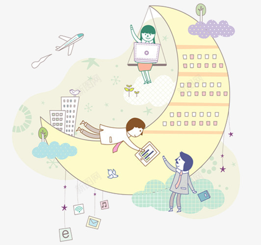 儿童想象插画png免抠素材_新图网 https://ixintu.com 夜晚 女孩 建筑 月亮 玩电脑 飞机