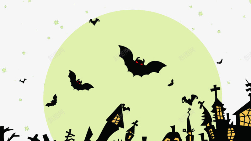 蝙蝠城堡月亮png免抠素材_新图网 https://ixintu.com 万圣节插画 卡通蝙蝠 墓地 开着灯的城堡 节日元素