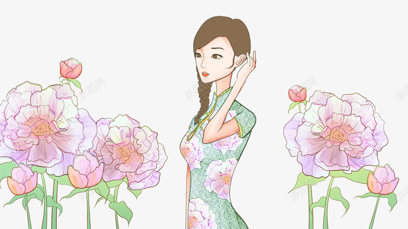 卡通手绘复古中国风站在花朵psd免抠素材_新图网 https://ixintu.com 中国风 免抠卡通手绘复古中国风站在花朵里的女孩免费下载 卡通 复古 手绘 牡丹花 穿着旗袍的女人 站在花朵里的女孩 粉色的花朵
