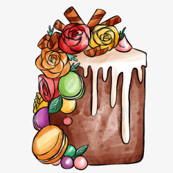 水彩风手绘生日花朵奶油蛋糕矢量图素材