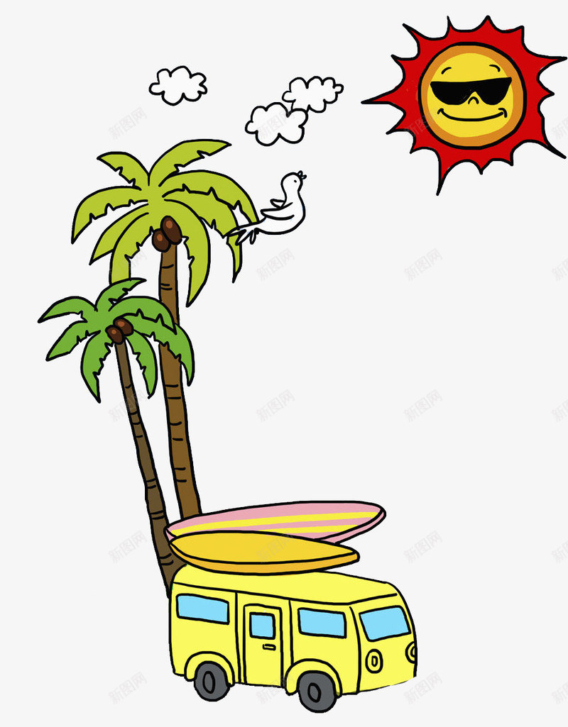 太阳下的汽车png免抠素材_新图网 https://ixintu.com 卡通 太阳 手绘 插图 椰树 汽车 沙滩 炎热的