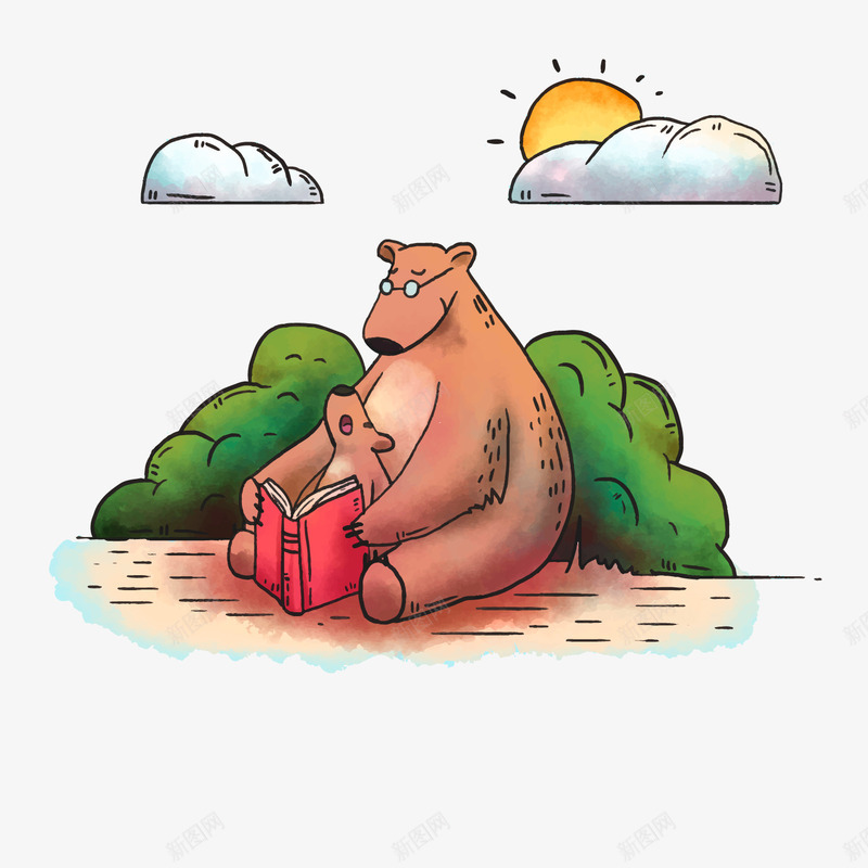 读书的熊父子png免抠素材_新图网 https://ixintu.com 卡通动物 太阳 抓气球的熊 看书的熊父子 绿色植物 读书的熊父子
