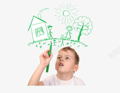 正在手绘的小孩子png免抠素材_新图网 https://ixintu.com 太阳 想象 房子 父母