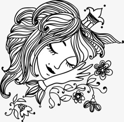 黑白单线装饰插图睡着的女孩素材