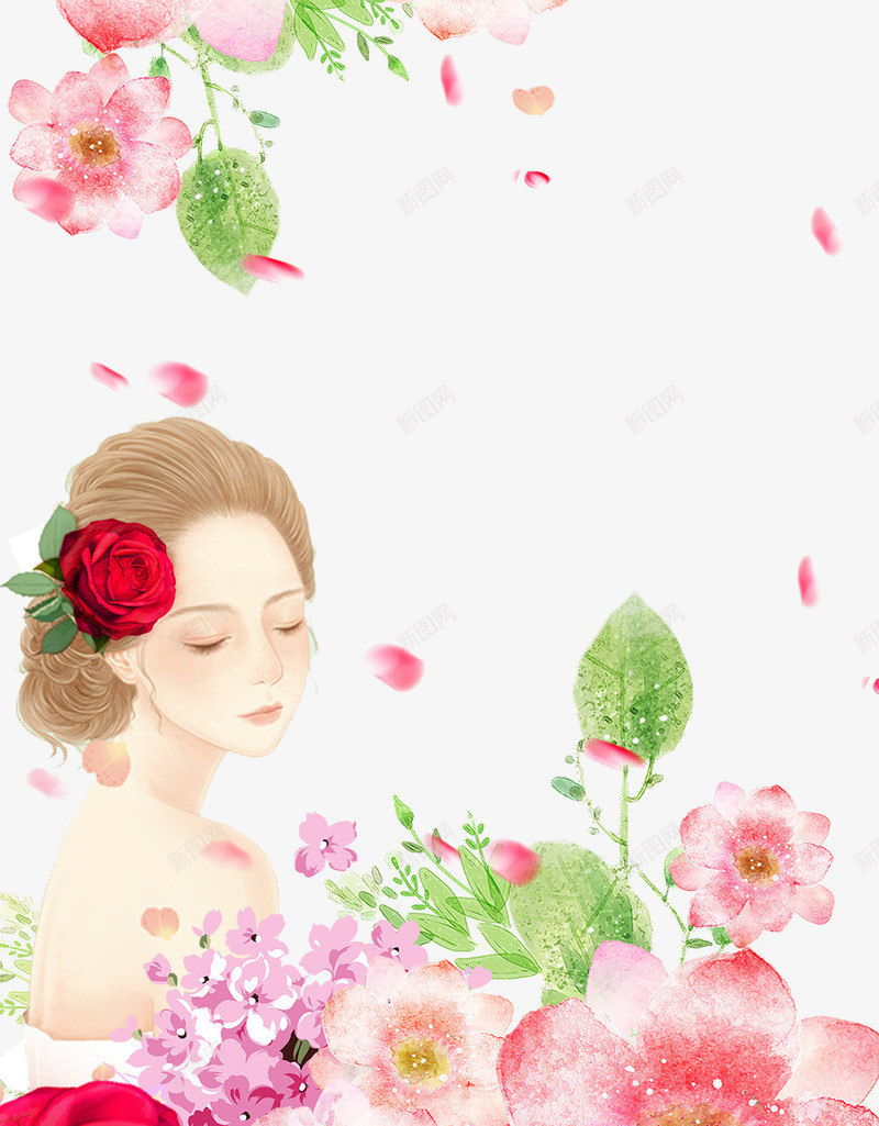卡通手绘春季花丛里的女人psd免抠素材_新图网 https://ixintu.com 卡通 季花丛里的女人 手绘 春 粉色的花朵 绿色的树叶 飘散的花瓣