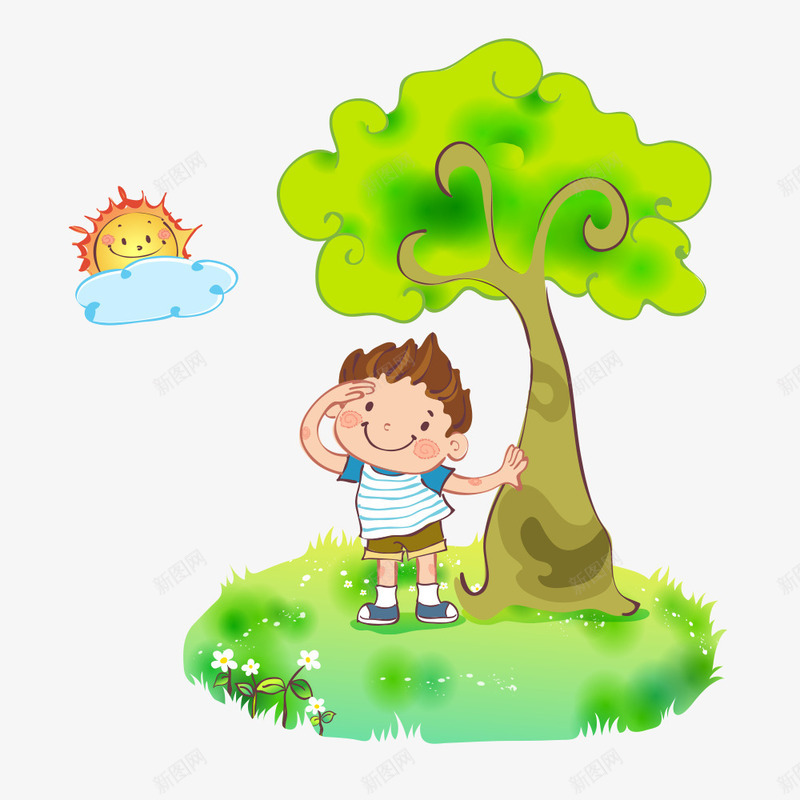 卡通小孩png免抠素材_新图网 https://ixintu.com 人物 人物插画 太阳 小树 插画 树 植物 绿植