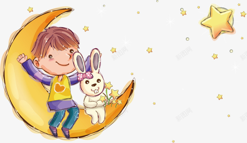 月亮上的小男孩png免抠素材_新图网 https://ixintu.com 小男孩 星星 月亮 白兔