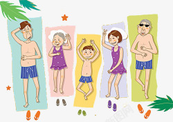 沙滩泳衣卡通手绘一家人在沙滩晒太阳的图高清图片