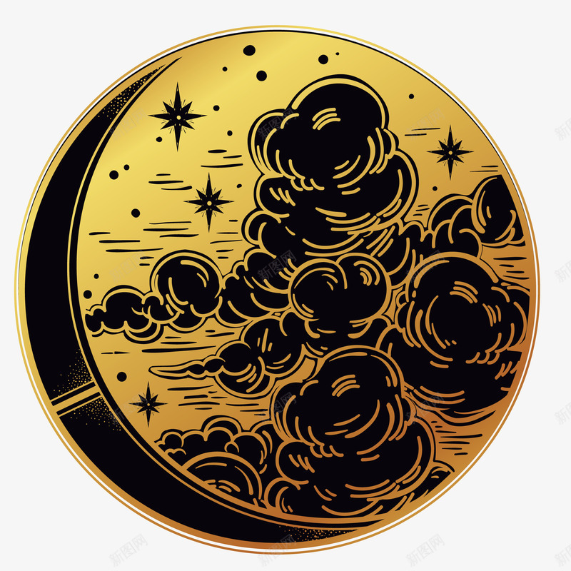 月亮与星云png免抠素材_新图网 https://ixintu.com 云朵 创意 星星 月亮 金色