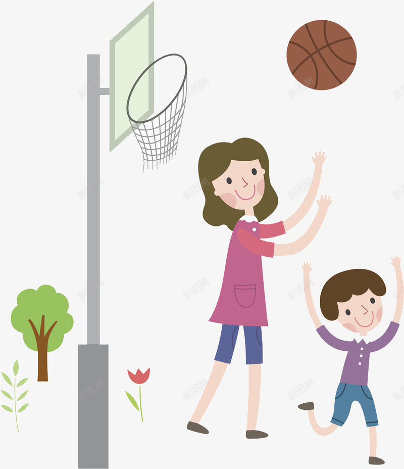 打篮球的人png免抠素材_新图网 https://ixintu.com 卡通 场景 大树 女人 小孩 球框 篮球 运动