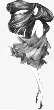 手绘模特png免抠素材_新图网 https://ixintu.com 卡通 女生 手绘 素描 美丽 裙子 长发 黑色的
