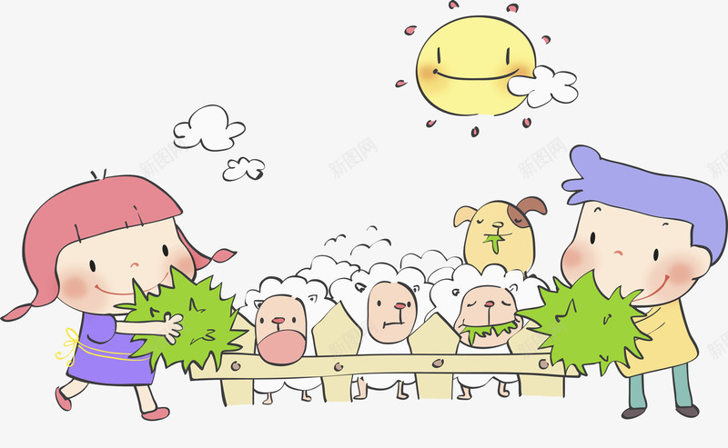 喂羊的孩子png免抠素材_新图网 https://ixintu.com 卡通 喂羊 围栏 太阳 孩子 手绘 栅栏 栏杆 植物 水彩