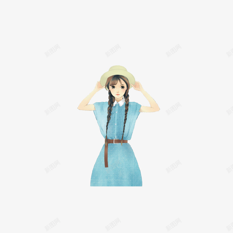 美丽的女孩png免抠素材_新图网 https://ixintu.com 卡通 太阳帽 手绘 蓝色连衣裙 辫子 长发