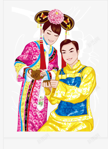 中式婚纱照png免抠素材_新图网 https://ixintu.com 中国风 中式婚纱照 古装 旗装 牡丹 红色 蓝色 黄色