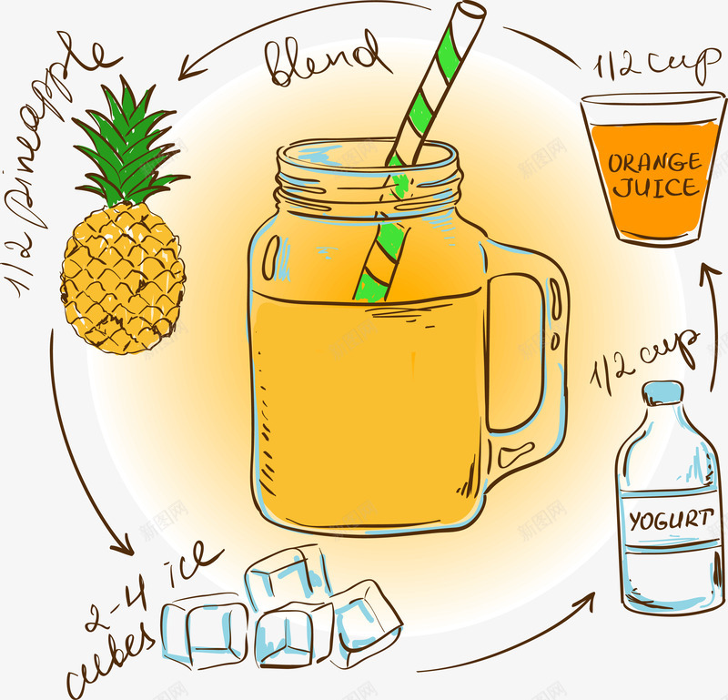 菠萝汁制作流程图矢量图ai免抠素材_新图网 https://ixintu.com 冰块 纯净水 菠萝 矢量图