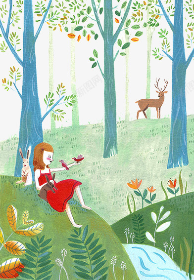 美丽的森林png免抠素材_新图网 https://ixintu.com 森林里的小鹿 玩皮的小白兔 穿红衣的小女孩