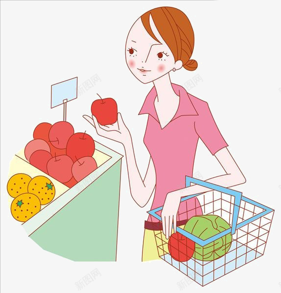 卡通女人买水果png免抠素材_新图网 https://ixintu.com 卡通 女人买 水果 篮子