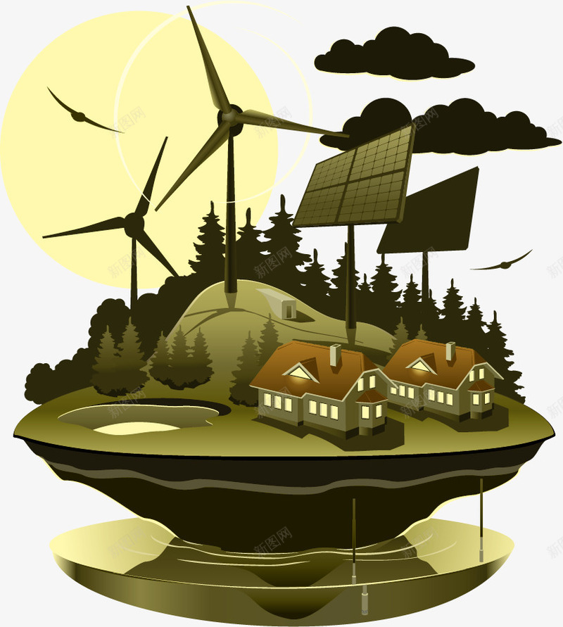 绿色生活png免抠素材_新图网 https://ixintu.com 卡通手绘 太阳能 平面设计 房屋 环保素材 绿色能源 风车