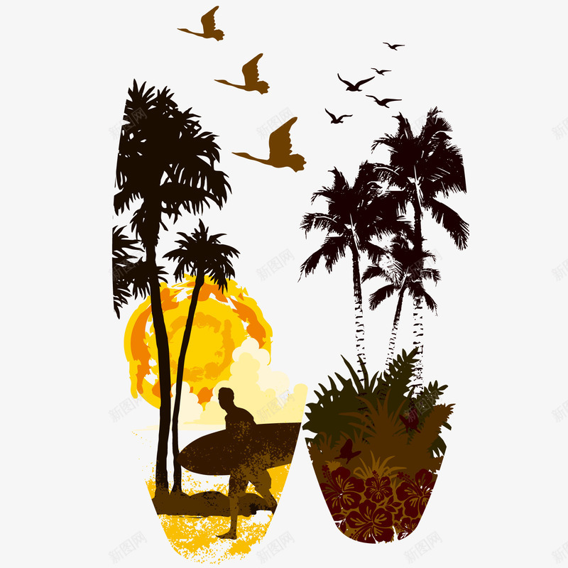 夏威夷金黄的沙滩和椰子树矢量图ai免抠素材_新图网 https://ixintu.com 夏威夷 太阳 椰子树 沙滩 海鸥 矢量图
