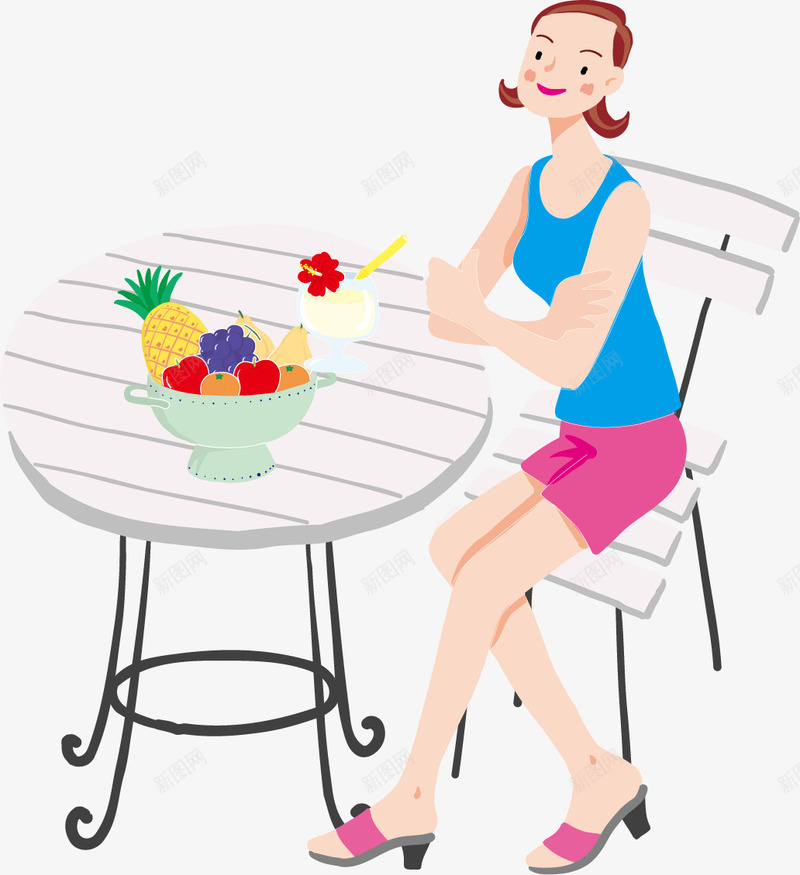 休息的女人png免抠素材_新图网 https://ixintu.com 下午茶 休闲区 卡通人物 女人 桌子 椅子 水果