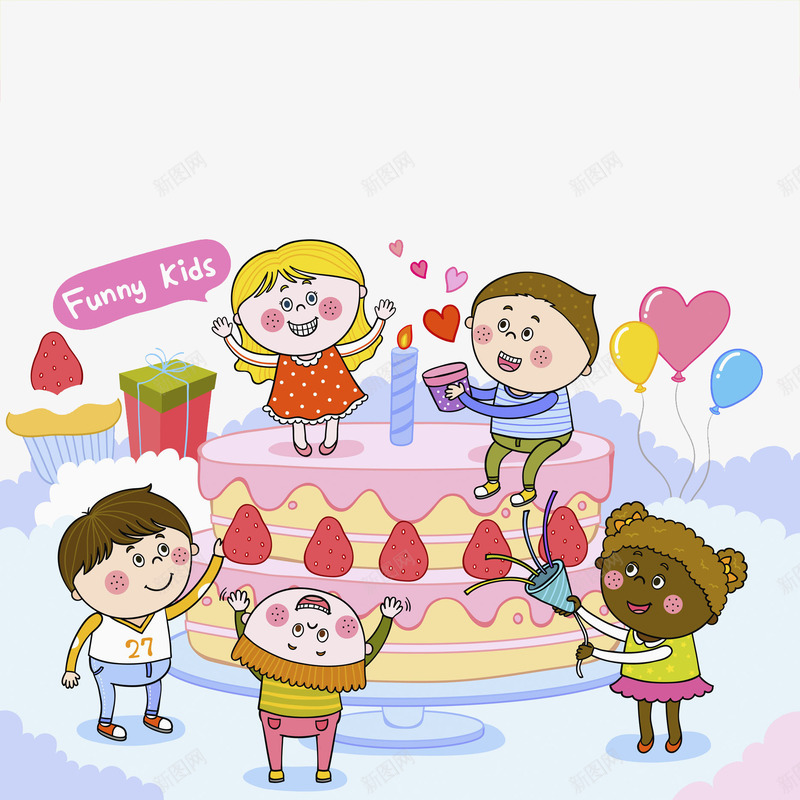 过生日的孩子png免抠素材_新图网 https://ixintu.com 卡通 可爱的 庆祝 气球 生日蛋糕 礼物 高兴地