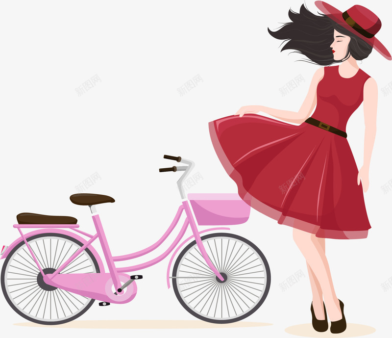 妇女节美丽的女人png免抠素材_新图网 https://ixintu.com 可爱女人 妇女节 粉色自行车 红色长裙 美丽的女人 长发飘飘