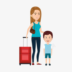 卡通女人和男孩拖着行李箱素材