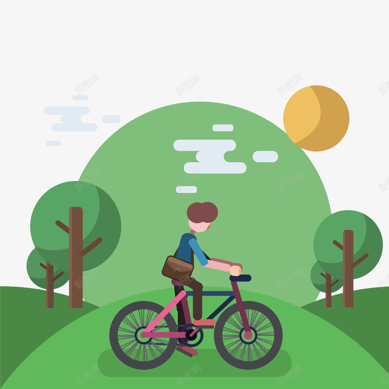 在森林里骑自行车png免抠素材_新图网 https://ixintu.com 人物 太阳 树木 森林 矢量插图 自行车