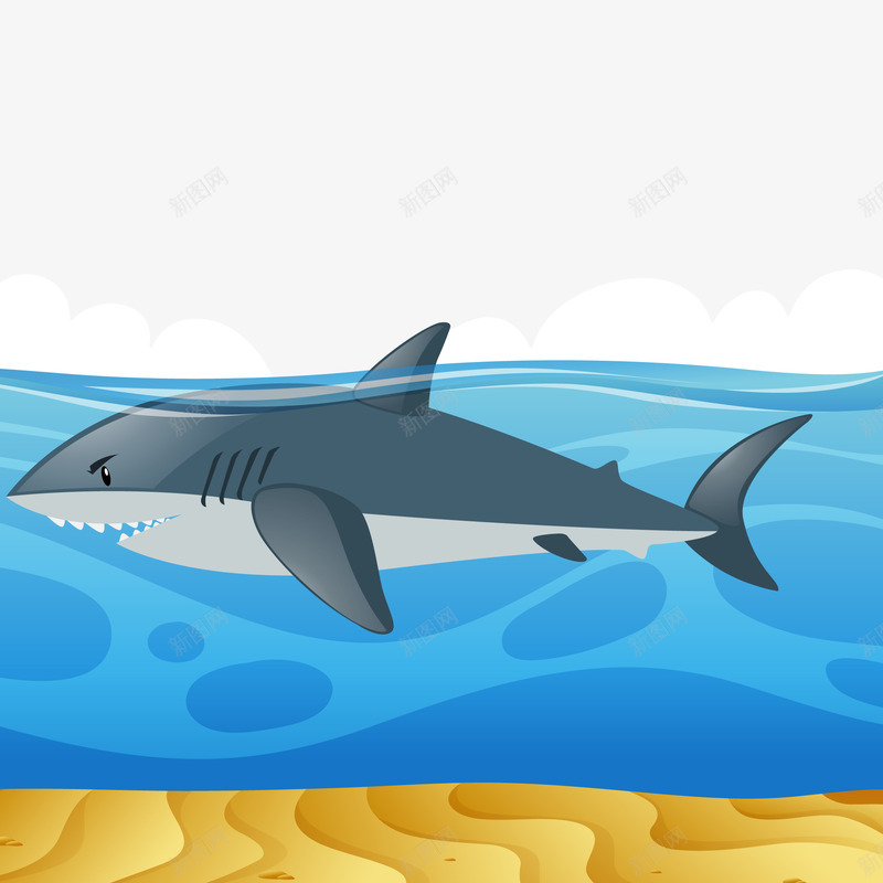 鲨鱼的背景矢量图eps免抠素材_新图网 https://ixintu.com 大海 波浪 海面 鲨鱼 矢量图