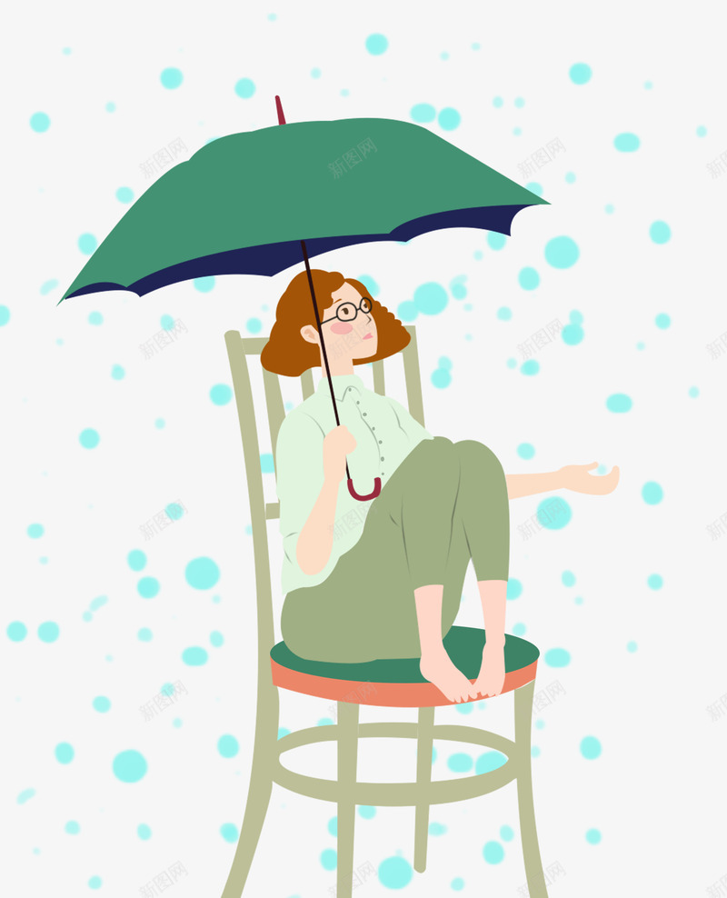 卡通手绘坐在椅子上的女人png免抠素材_新图网 https://ixintu.com 卡通 手绘 手绘坐在椅子上的女人 打着伞的女孩 森系 清新 绿色的雨伞 雨中女人 雨水