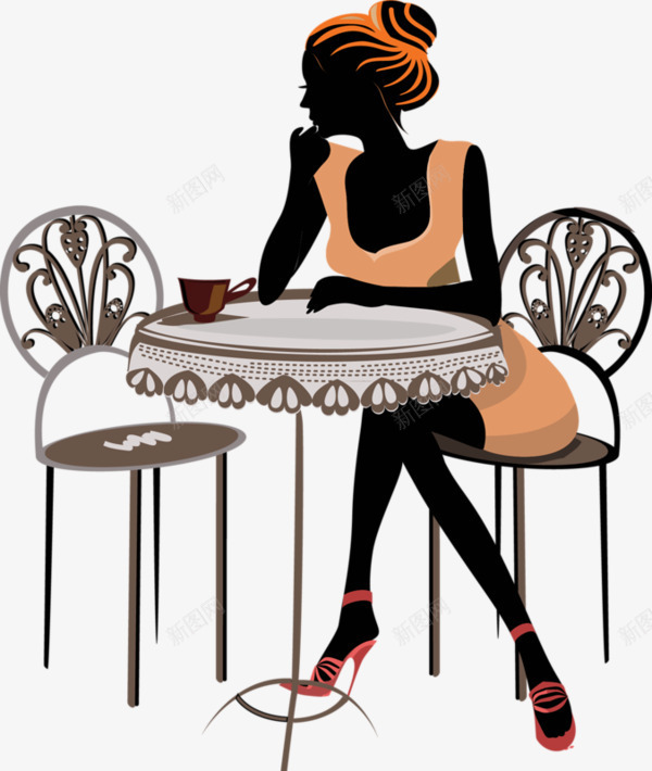 手绘喝咖啡的女人png免抠素材_新图网 https://ixintu.com 喝咖啡的女人 手绘女人 手绘桌子 手绘椅子