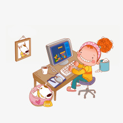使用电脑的人卡通电脑上玩俄罗斯方块的女孩素高清图片