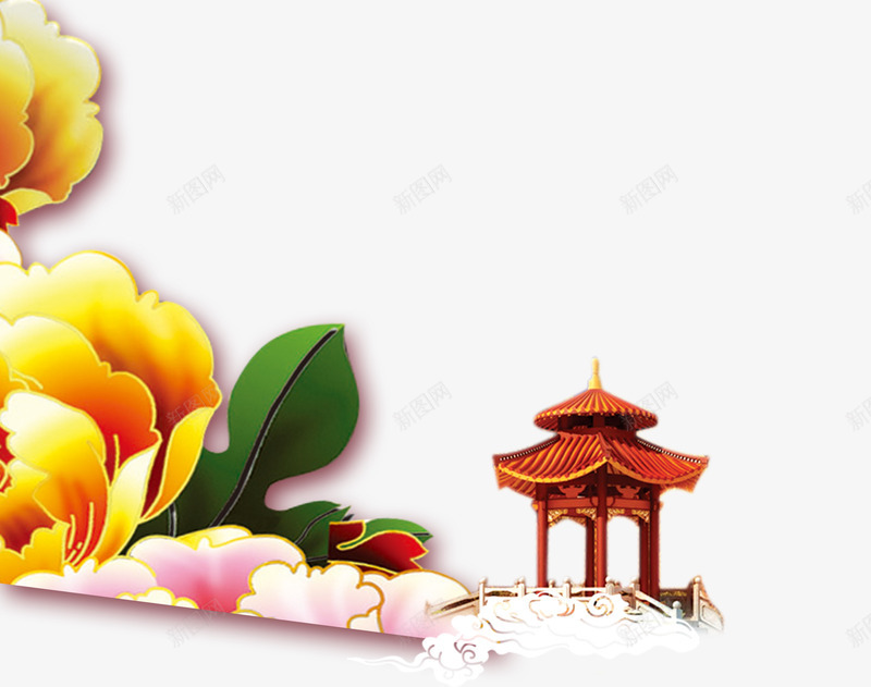 牡丹凉亭png免抠素材_新图网 https://ixintu.com 中国风 凉亭 古典