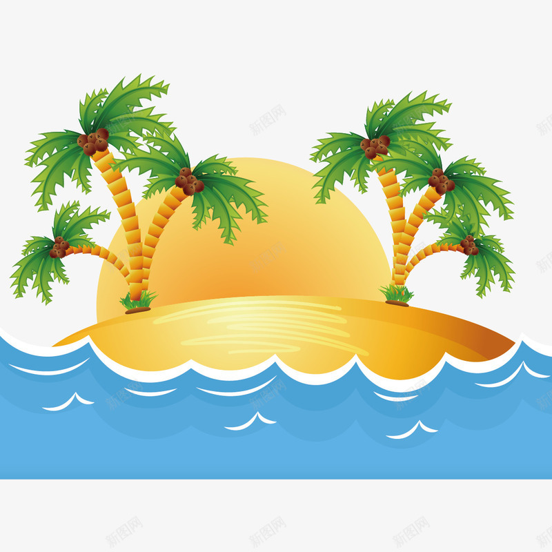 海边的椰子树矢量图ai免抠素材_新图网 https://ixintu.com 卡通椰子树 太阳 海水 海边 矢量图