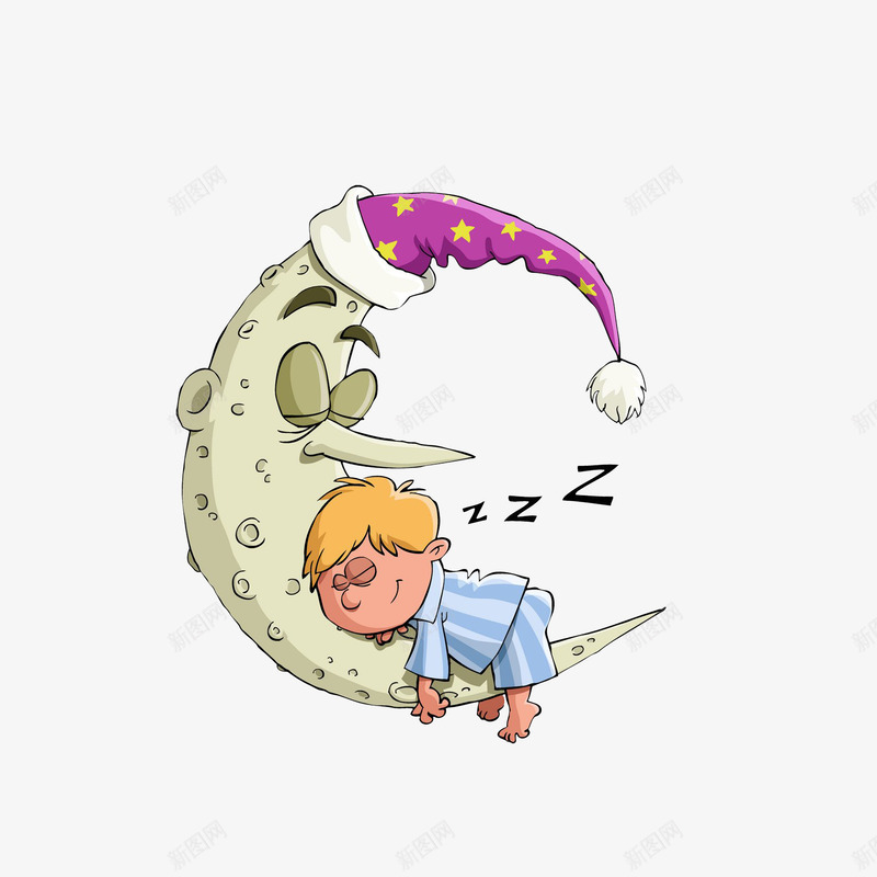 卡通挂在月亮上睡觉的小男孩png免抠素材_新图网 https://ixintu.com 呼呼大睡的小男孩 月亮上睡觉 条纹睡衣 睡觉的月亮 躺着的小孩