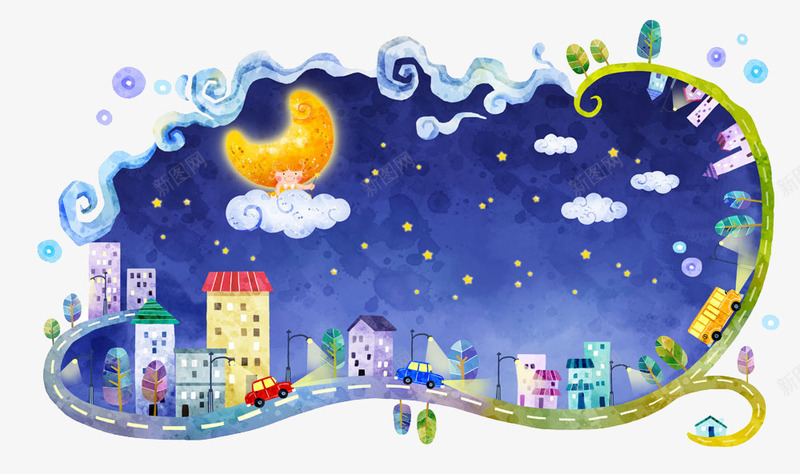 手绘夜间城市插画png免抠素材_新图网 https://ixintu.com 卡通城市 城市 夜间 夜间城市 太阳 建筑 手绘城市 晚间 梦幻 童话 藤蔓