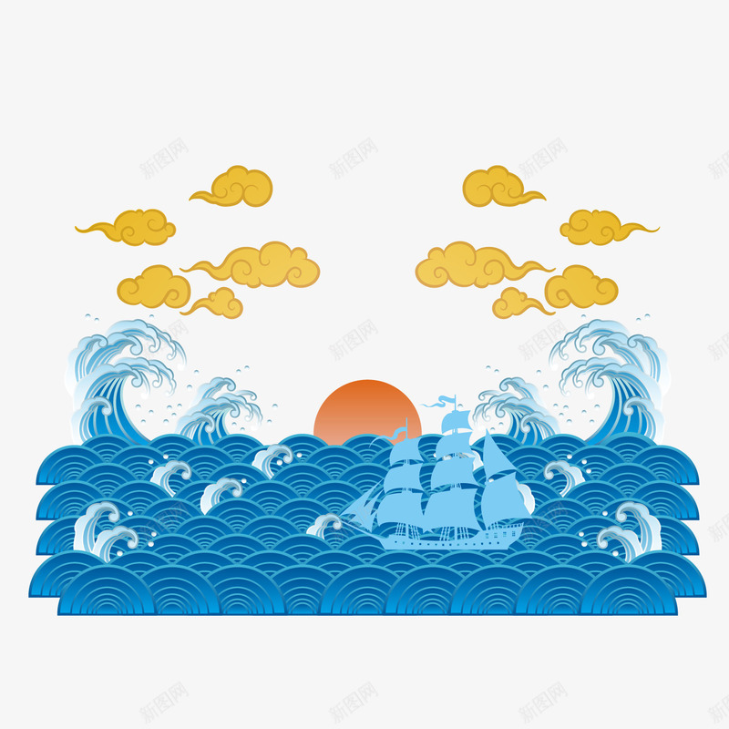 手绘海浪上升起的太阳png免抠素材_新图网 https://ixintu.com 太阳 手绘 海浪