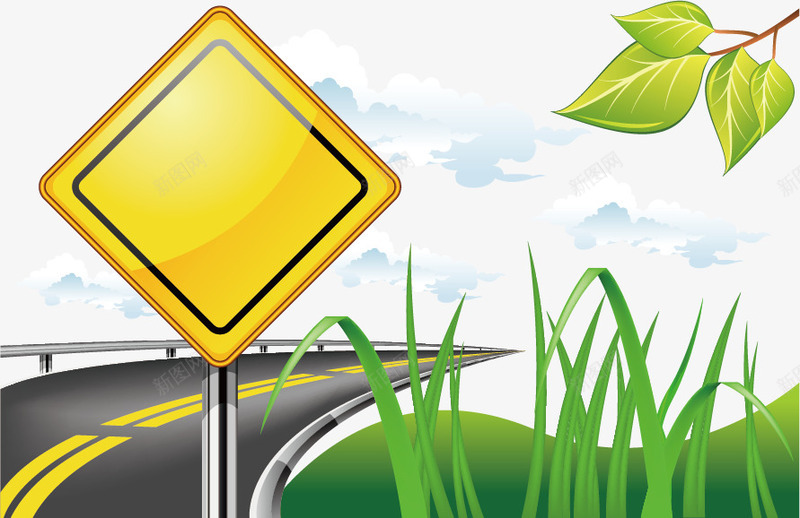 公路和警告标识矢量图图标ai_新图网 https://ixintu.com 公路 树叶 草地 警告牌 高速公路 矢量图