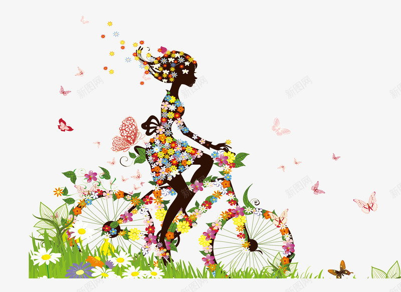 踩单车路过花丛的女人psd免抠素材_新图网 https://ixintu.com 手绘 春 路过花丛的女人 踩单车