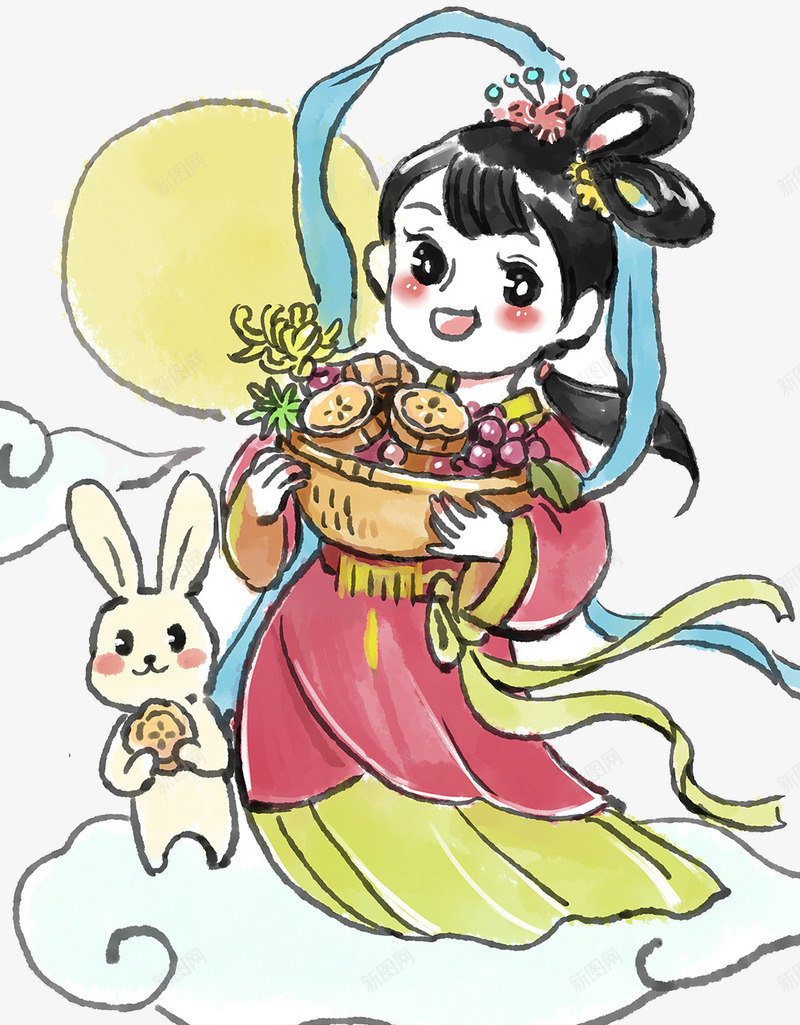 嫦娥玉兔插画png免抠素材_新图网 https://ixintu.com 中秋佳节 中秋促销 中秋国庆 中秋钜惠 喜迎中秋 团圆 嫦娥 插画 月亮 月饼 玉兔