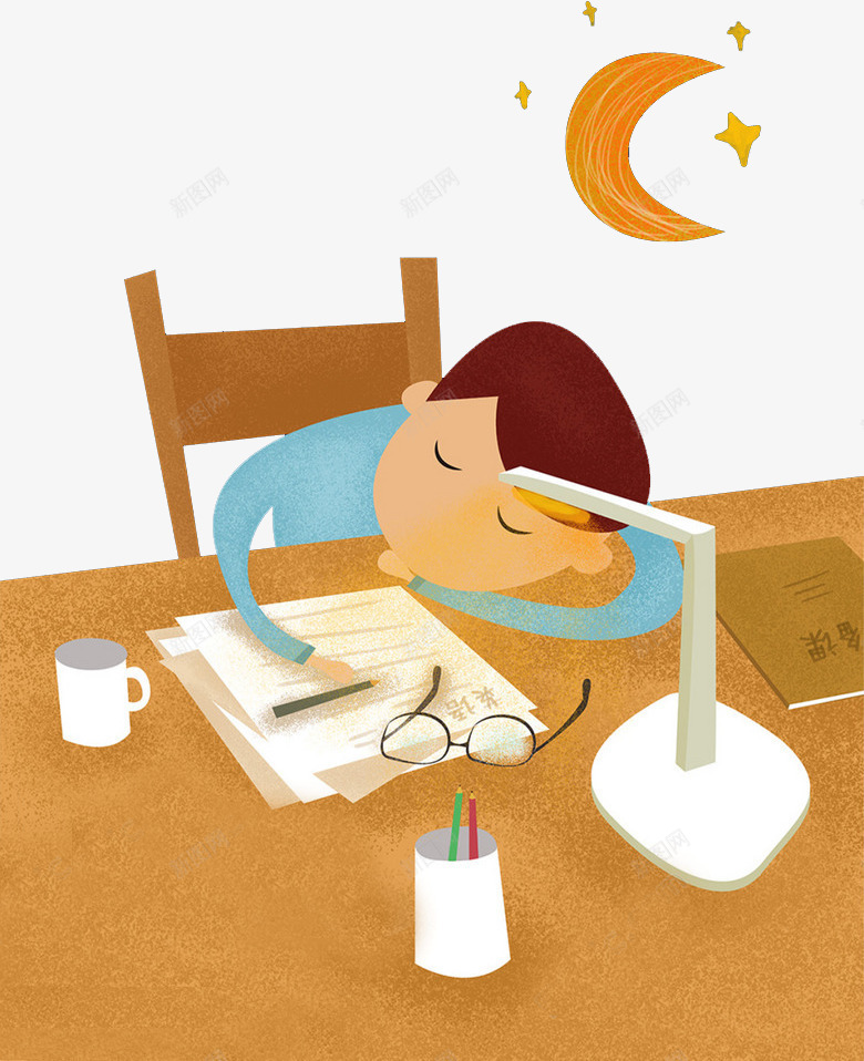 睡觉男孩png免抠素材_新图网 https://ixintu.com 台灯 手绘 月亮 男孩 眼镜框 睡觉 笔筒 笔记本 茶杯