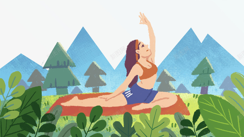 卡通手绘草地上练瑜伽的女人psd免抠素材_新图网 https://ixintu.com 卡通 山峰 手绘 树木装饰 植物 练瑜伽的女人 草地上