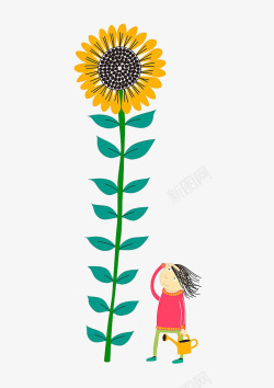 浇水的女孩卡通手绘太阳花浇水高清图片