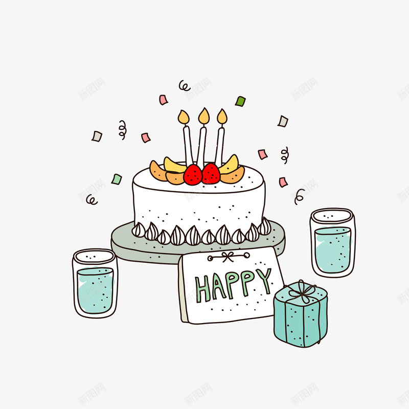 卡通创意生日蛋糕图png免抠素材_新图网 https://ixintu.com 卡通 场景 庆祝 杯子 生日蛋糕 礼物 蜡烛