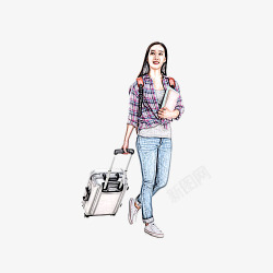 行李箱女人手绘女人抱着书拖着行李高清图片